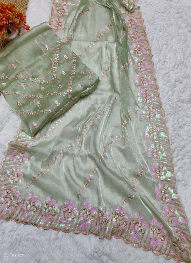 Jimmi Choo Pista Green Traditional Wear Sequinned Saree